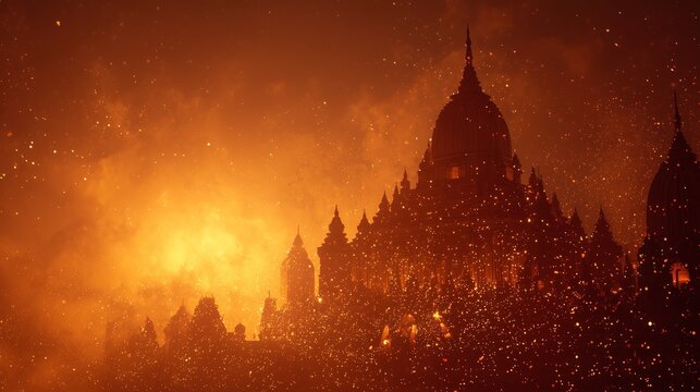 Ancient Indian temple silhouette glowing in orange light and sparks, dramatic Dussehra festival background symbolizing victory of light over darkness.