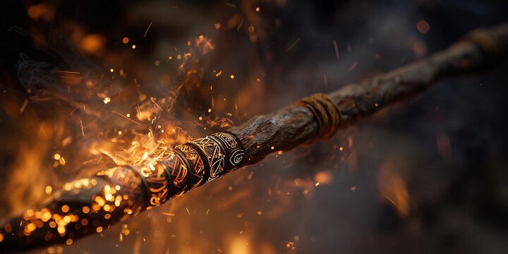 Ancient burning spear with glowing fire sparks and smoke on dark background, symbolizing Dussehra victory, strength, power, and warrior spirit, perfect for festival themes.