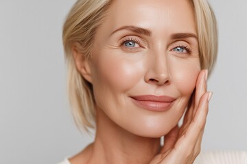 Fototapeta premium Close up portrait of beautiful middle aged woman with perfect smooth skin smiling softly. Concept of beauty, skincare, anti aging, wellness, healthy lifestyle, confidence, elegance.