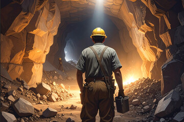Fototapeta premium Miner wearing a helmet with a headlamp working underground in a dark mine, surrounded by rock walls and mining tools, realistic industrial scene.