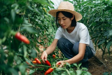 Fototapeta premium Young Asian woman harvesting red chili peppers on organic farm, wearing straw hat and casual clothes. Concept of agriculture, sustainability, healthy food, farming lifestyle.