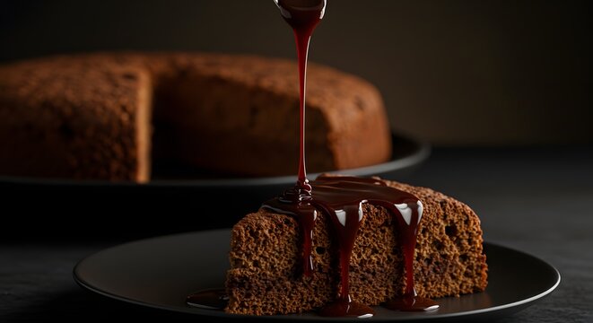 Decadent chocolate cake slice with rich sauce drizzling, dark and moody dessert presentation