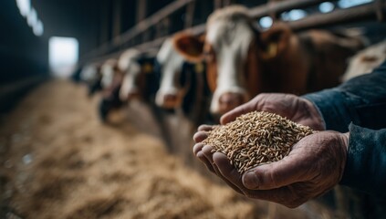 Farmer holding grain feed in hands with cows in background. Concept of agriculture, livestock farming, animal nutrition, sustainable food production, rural economy, farm life.
