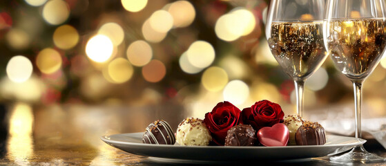 Romantic scene: chocolates, roses, and champagne flutes against a bokeh backdrop