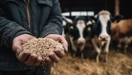 Farmer holding animal feed grains in hands with dairy cows in the background, symbolizing livestock farming, agriculture, organic production and sustainable food industry.