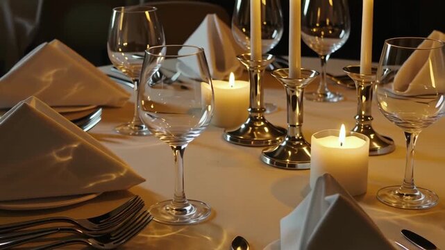 Elegant dining table setting with glowing candles and crystal glasses, ready for a special occasion.