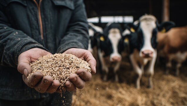 Farmer holding animal feed grains in hands with dairy cows in the background, symbolizing livestock farming, agriculture, organic production and sustainable food industry.