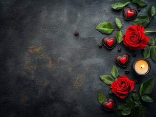 Romantic Valentine's Day arrangement: red roses, chocolate hearts, candle