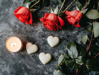 Romantic Still Life: Red roses, lit candle, and white heart shapes