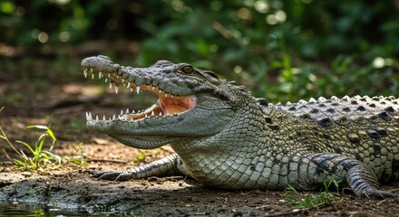 Obraz premium Stunning crocodile with open mouth showcasing sharp teeth, ready to hunt in natural habitat, perfect for wildlife projects