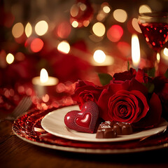 Romantic Valentine's Day dinner setting: red roses, heart, chocolates, candlelight