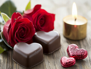 Romantic Valentine's scene: chocolate hearts, red roses, and a candle