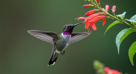 Fototapeta premium Vibrant hummingbird in flight, delicately feeding on bright red flowers against a soft green backdrop, perfect nature scene