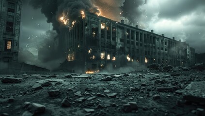 Dramatic scene of a burning building amidst a post-apocalyptic landscape with smoke and debris