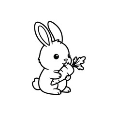 Obraz premium Cute cartoon bunny holding and nibbling on a fresh carrot with leafy greens in a simple black and white line art style