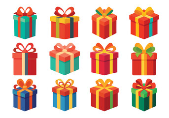 Twelve Colorful Gift Boxes with Bows for Holidays