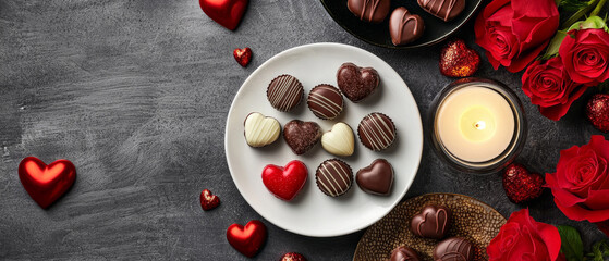 Romantic Valentine's scene: heart-shaped chocolates, red roses, and a lit candle