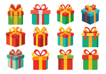 Fototapeta premium Twelve Colorful Gift Boxes with Bows for Holiday Designs