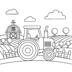 Naklejka premium Black and white line art of a tractor on a farm field with a barn, trees, clouds, and a wooden fence in the background