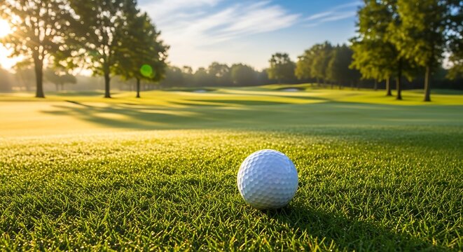 Golf ball on a lush green course at sunrise.