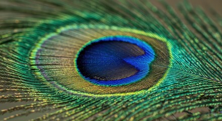 Naklejka premium Stunning macro shot of a peacock feather showcasing vibrant colors and intricate details, perfect for design and artistic projects