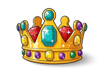 Cartoon Style Golden Crown with Colorful Gemstones Regal Headwear Illustration