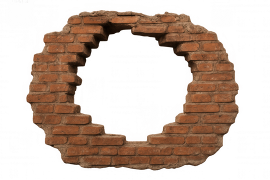 Weathered brick wall revealing transparent portal, rough-edged opening framing textured masonry surface - Powered by Adobe