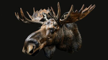 A moose head with large antlers, set against a black background.