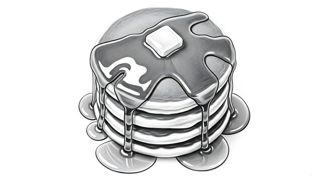 Monochrome pancake stack with dripping syrup and butter illustration