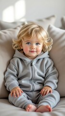 Fototapeta premium Toddler with red cheeks from cold, sitting on beige couch, wearing light grey zip-up hoodie, matching pants. Concept of toddler with red cheeks from cold, temperature, innocence, warmth.