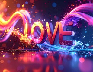 Abstract Love Text with Vibrant Neon Lights and Energetic Particles