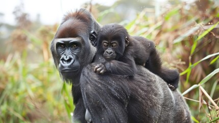 Obraz premium A mother gorilla and her baby gorilla in a lush, green forest setting.