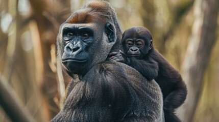 Obraz premium A mother gorilla and her baby gorilla in a forest setting.