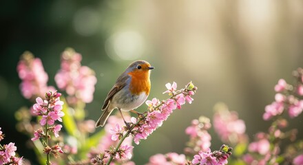 Fototapeta premium Charming European robin perched on delicate pink flowering branch, bathed in warm sunlight, capturing the essence of spring's beauty
