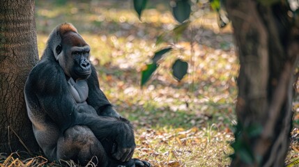 Naklejka premium A gorilla sitting in a forested area with a tree in the foreground and a leafy ground cover in the background.