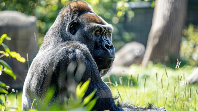 A gorilla sitting in a grassy area with trees in the background.