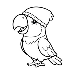 Obraz premium A cute cartoon parrot wearing a knitted winter hat with a pompom in a simple black and white line art style