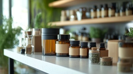 A collection of various cosmetic jars and bottles arranged neatly on a modern shelf. Natural beauty products featured in a serene setting. Generative AI