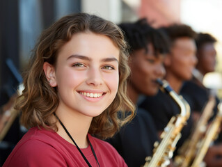 Young female musician with curly hair smiles confidently while playing saxophone in a vibrant outdoor setting, showcasing passion for music and camaraderie with fellow performers