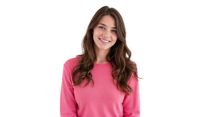 Fototapeta premium Smiling young woman in a pink sweater poses confidently against a plain white background