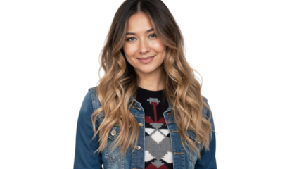Woman with wavy hair poses confidently in denim jacket with patterned sweater during a bright studio session