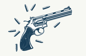Detailed revolver shotgun and bullets vector illustration in a classic graphic design style, beautiful gun drawing.