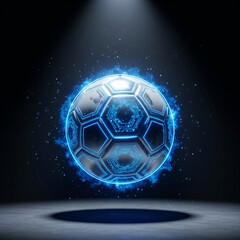 Floating Soccer Ball with Blue Energy Aura – Futuristic Football Illustration for Esports, Gaming Poster, Tournament Banner, and Creative Sports Design with Glowing Effects and Dark Cinematic Backgrou