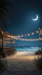 Night scene of a beach bar under a crescent moon, string lights illuminate the sandy shore and calm ocean waves