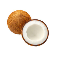 Whole and halved coconut revealing fresh white flesh and healthy moisture content