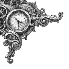 Monochrome illustration of an ornate clockwork corner piece, featuring intricate gears, flourishes, and a clock face, set against a white background