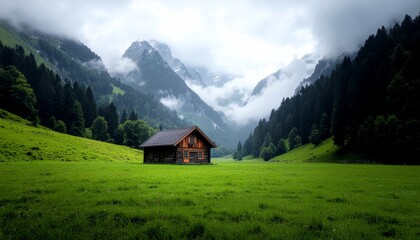 Obraz premium Wooden cabin in green valley with misty mountains background