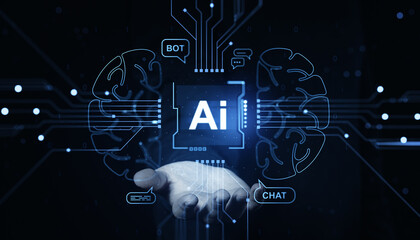 Human hand holding AI chip with chatbot and brain circuit interface on dark background.