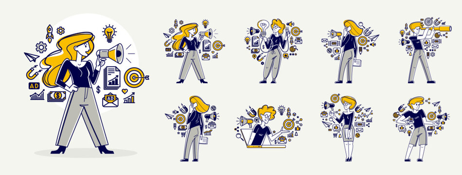 Marketing theme vector outline illustration set, marketer analyzing and creating plan and strategy, advertising business concept, reach a goal success.