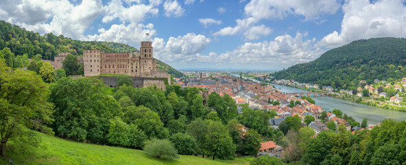 Summer panorama of Heidelberg showcasing the historic castle and lush landscape - Germany